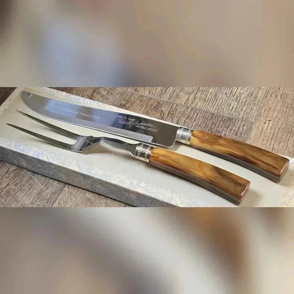 Vintage Westall Richardson Sheffield Carving Set Stainless Marbled Bakelite MCM - Picture 14 of 16